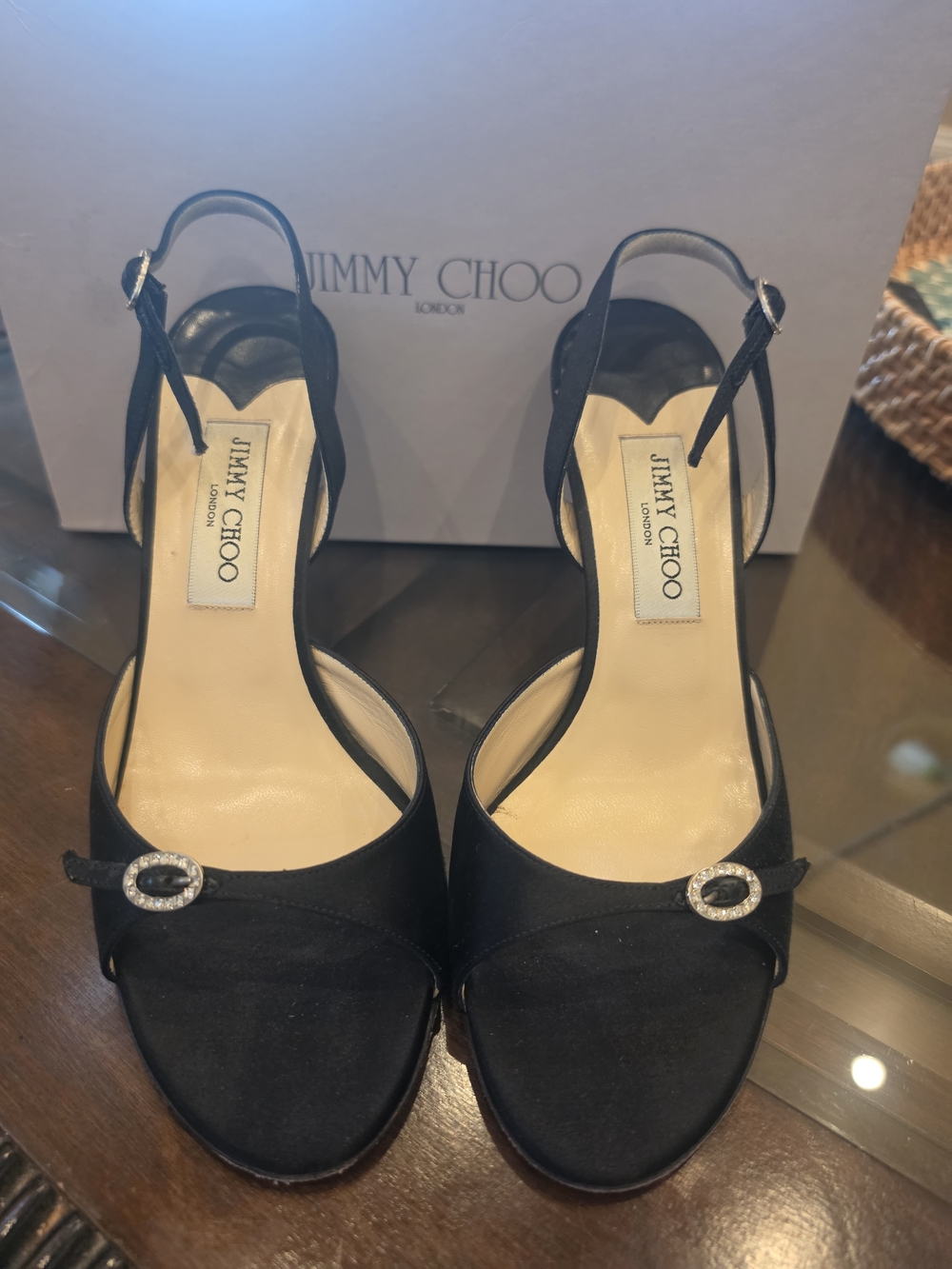 Jimmy Choo Black Satin Slingback Sandals with Crystal Buckle